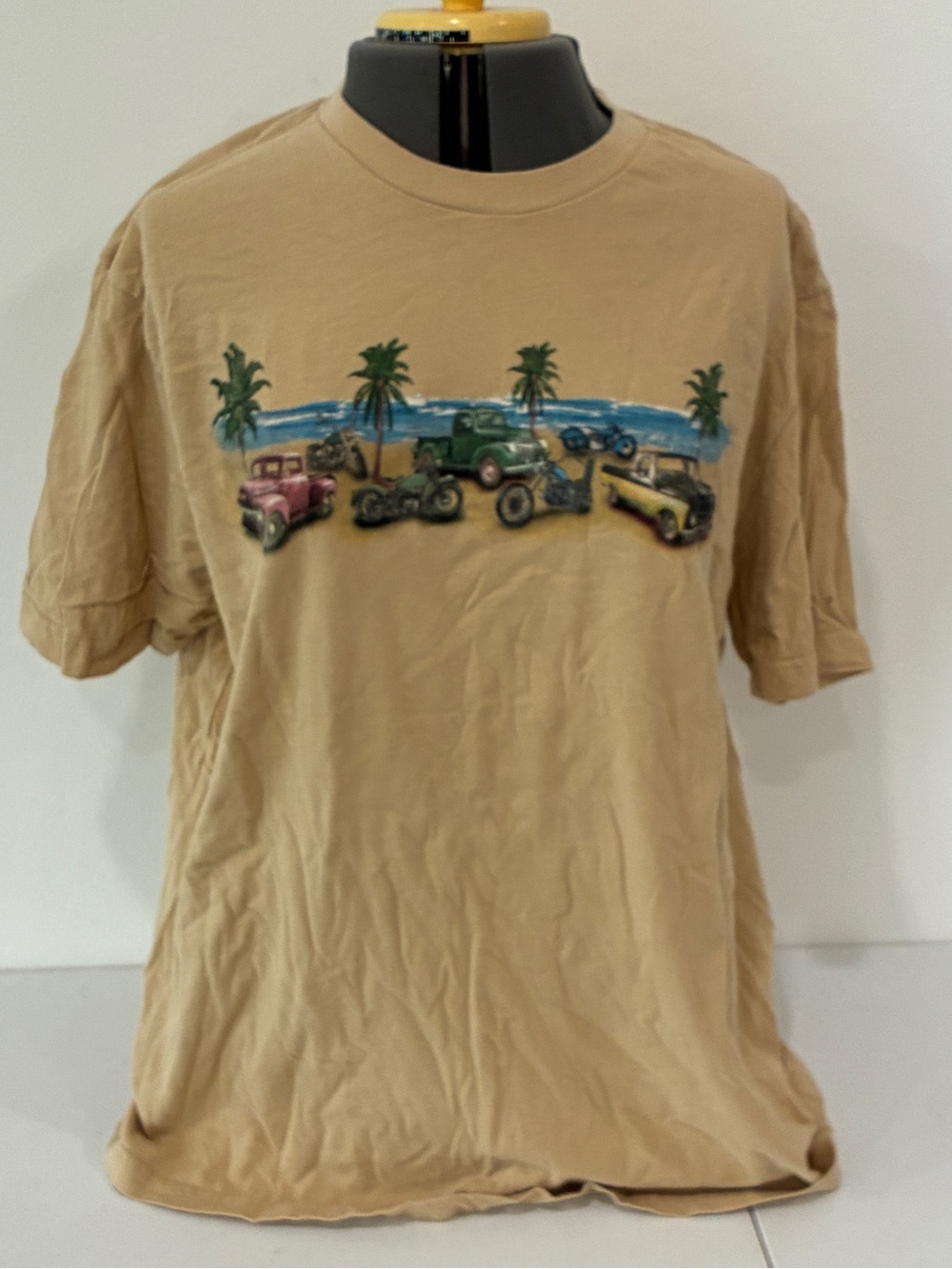 Puritan End of the Road T-Shirt 2XL Tan Vintage Tropical Beach Cars Motorcycles